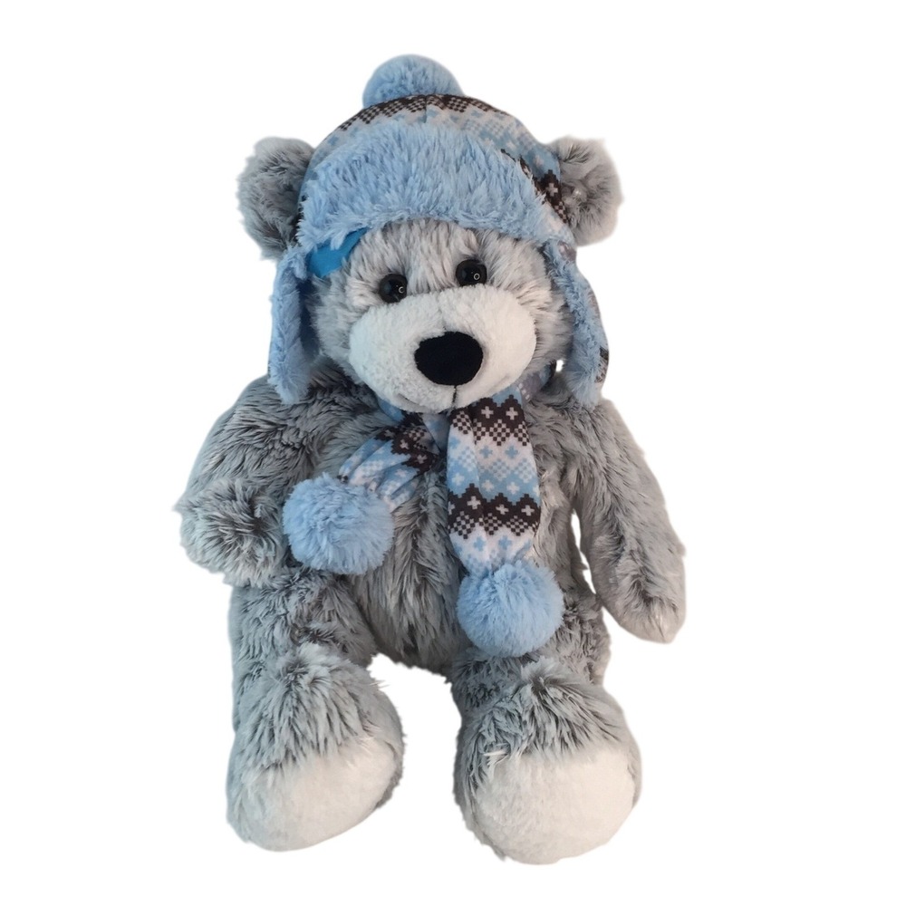 Hugfun Plush Teddy Bear 17in Gray Blue Winter Trapper Hat Scarf Fair Isle